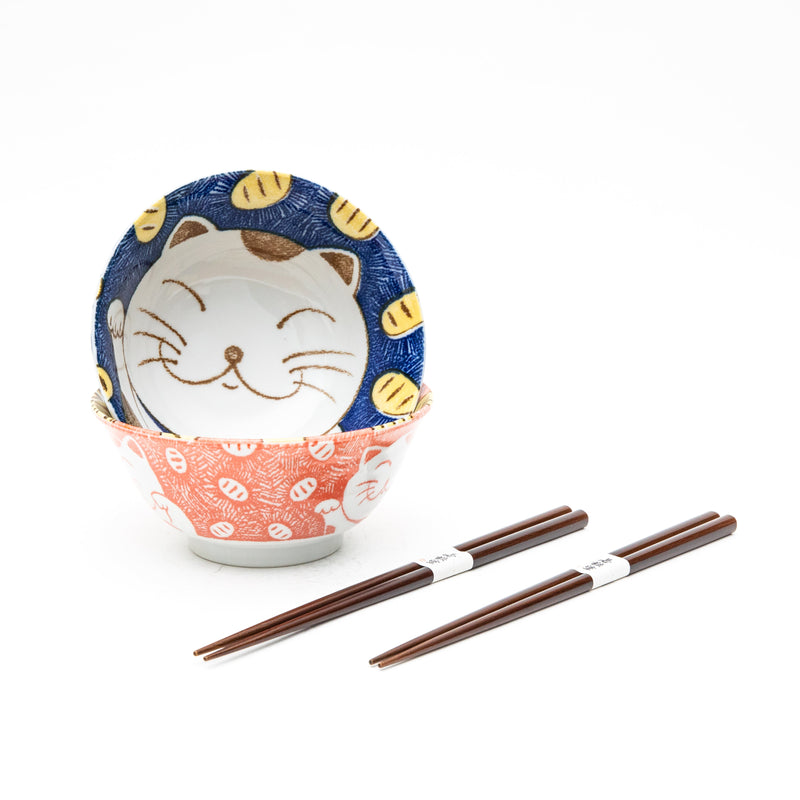 2 Sets Ensembles Cat For Gift In Box Ceramic Bowls & Chopsticks Set