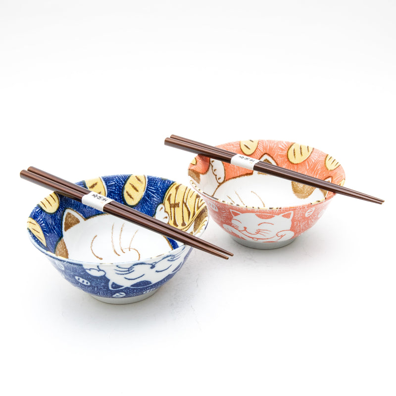 2 Sets Ensembles Cat For Gift In Box Ceramic Bowls & Chopsticks Set