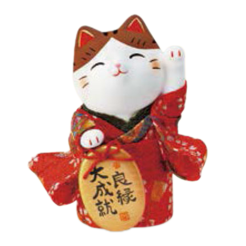 Luck in Love Beckoning Cat in Kimono with Gold Coin Ceramic Ornament