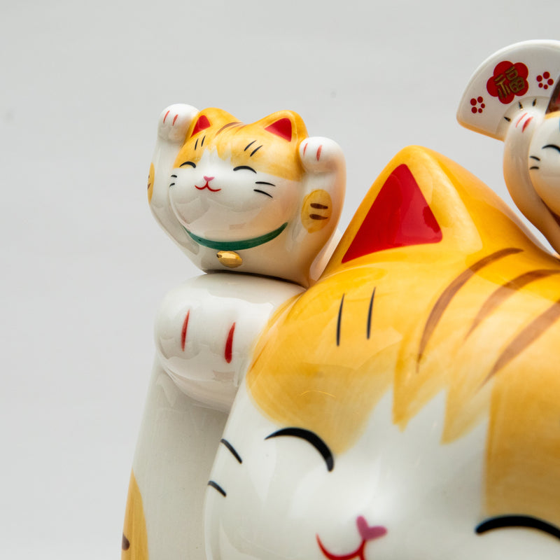 L Beckoning Cats With Zabuton Cushion Ceramic Coin Bank