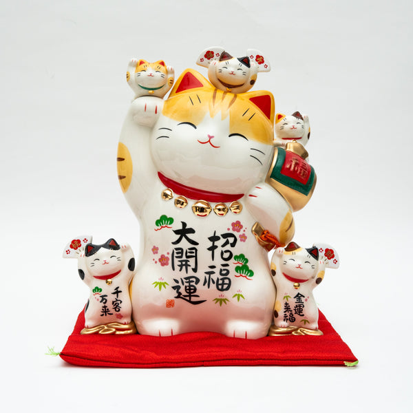 L Beckoning Cats With Zabuton Cushion Ceramic Coin Bank