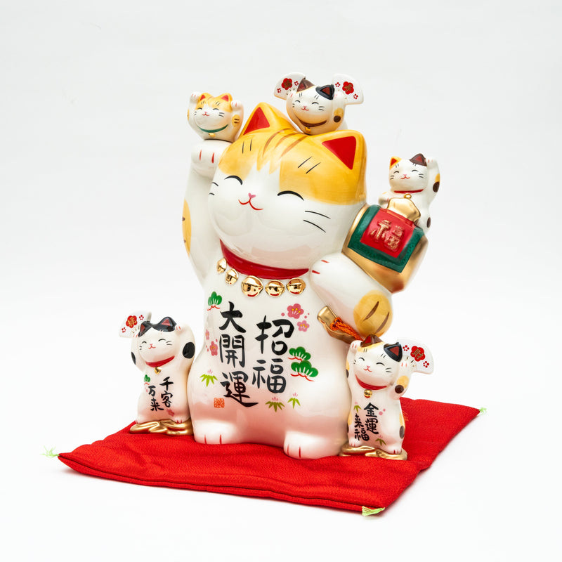 L Beckoning Cats With Zabuton Cushion Ceramic Coin Bank