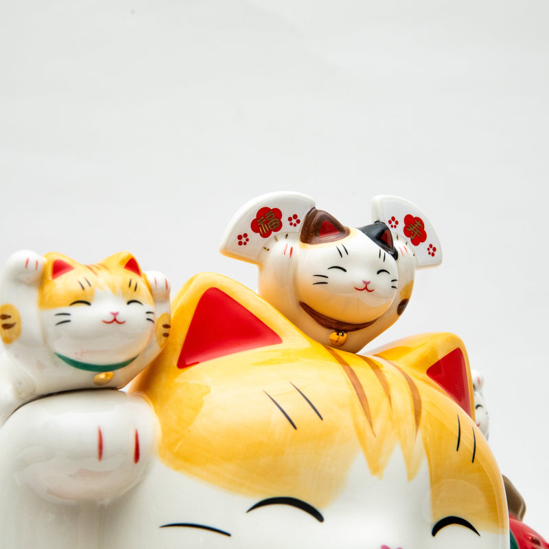 L Beckoning Cats With Zabuton Cushion Ceramic Coin Bank