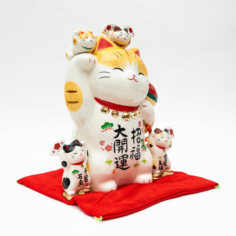 L Beckoning Cats With Zabuton Cushion Ceramic Coin Bank