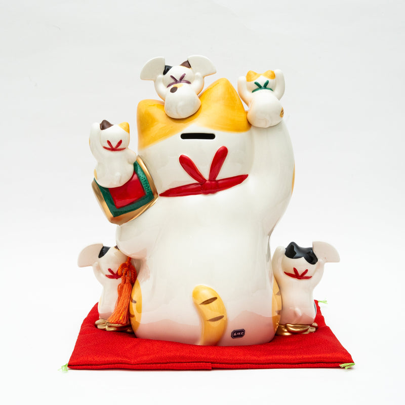 L Beckoning Cats With Zabuton Cushion Ceramic Coin Bank