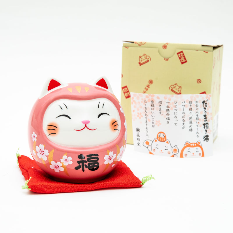 9.5cm M Cherry Blossoms Daruma Cat With Zabuton Cushion Ceramic Coin Bank