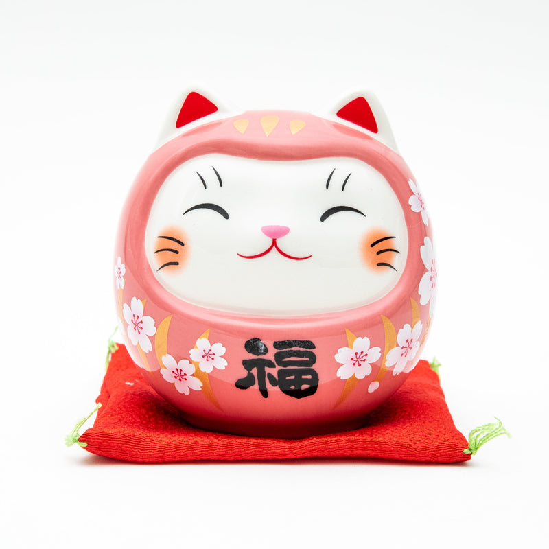 9.5cm M Cherry Blossoms Daruma Cat With Zabuton Cushion Ceramic Coin Bank