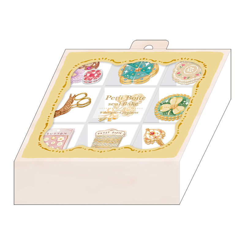 Sticker Flakes (With 9-Compartment Case/Brocante/Case: H2.2xW8.9xD8.9cm, Sticker: Max 3x3cm/36pcs/Kamio Japan/PETIT BOITE/SMCol(s): Yellow)