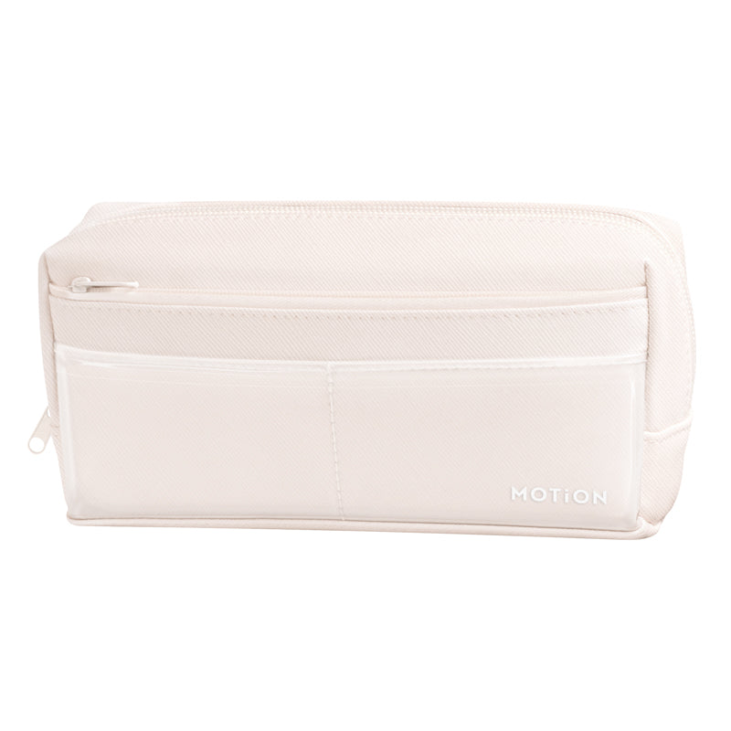 Pencil Case (6 Pockets: 2 Clear PVC Pockets, 1 Front Zipper Pocket, 2 Inner Pockets, 1 Back Pocket/5.5x18.5x8cm/Kamio Japan/MOTiON/SMCol(s): Off White)