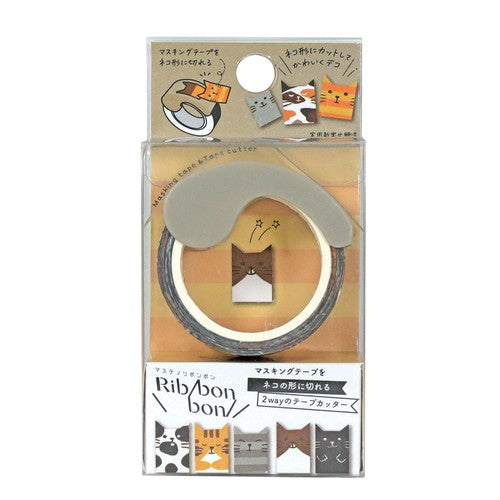 Kutsuwa Ribbon bon Tape: W1.5cm Cat With 2-Way Cutter: Cat-Shaped & Straight Edge Masking Tape 