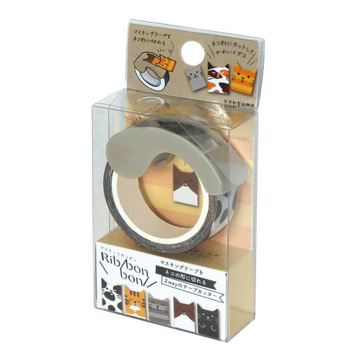 Kutsuwa Ribbon bon Tape: W1.5cm Cat With 2-Way Cutter: Cat-Shaped & Straight Edge Masking Tape 