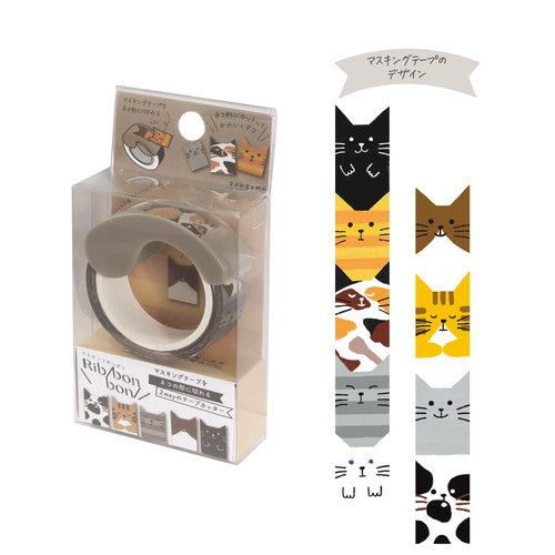 Kutsuwa Ribbon bon Tape: W1.5cm Cat With 2-Way Cutter: Cat-Shaped & Straight Edge Masking Tape 