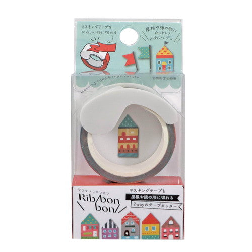 Kutsuwa Ribbon bon Tape: W1.5cm House With 2-Way Cutter: V-Shaped & Straight Edge Masking Tape 