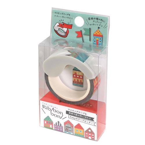 Kutsuwa Ribbon bon Tape: W1.5cm House With 2-Way Cutter: V-Shaped & Straight Edge Masking Tape 