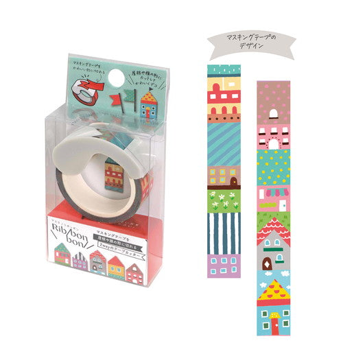 Kutsuwa Ribbon bon Tape: W1.5cm House With 2-Way Cutter: V-Shaped & Straight Edge Masking Tape 