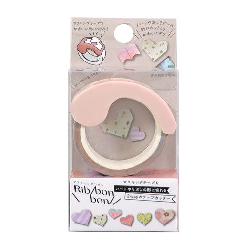 Kutsuwa Ribbon bon Tape: W1.5cm Heart With 2-Way Cutter: Heart-Shaped & Straight Edge Masking Tape 