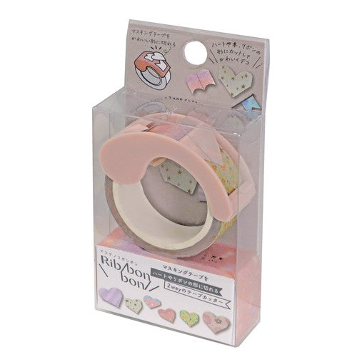 Kutsuwa Ribbon bon Tape: W1.5cm Heart With 2-Way Cutter: Heart-Shaped & Straight Edge Masking Tape 