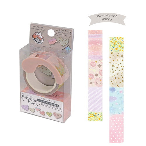 Kutsuwa Ribbon bon Tape: W1.5cm Heart With 2-Way Cutter: Heart-Shaped & Straight Edge Masking Tape 