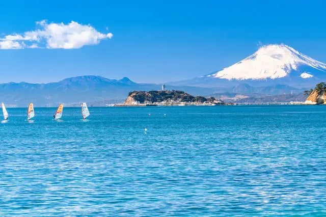 Tokyo’s Zushi Beach with view of majestic Mt. Fuji