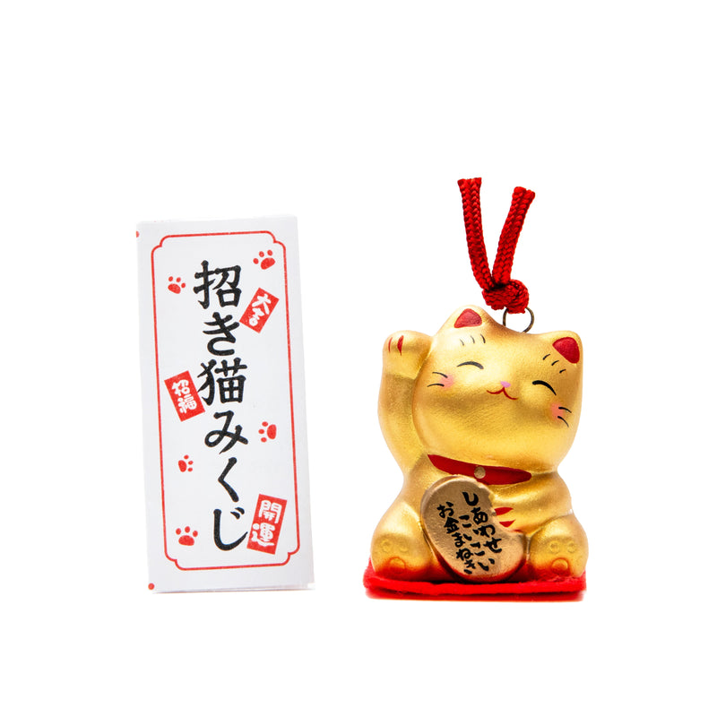 New Year Ornament (Ceramics/Ceramic Bell/With Omikuji Fortune Slip/Right Paw Raised Beckoning Cat/3.5cm/SMCol(s): Gold)