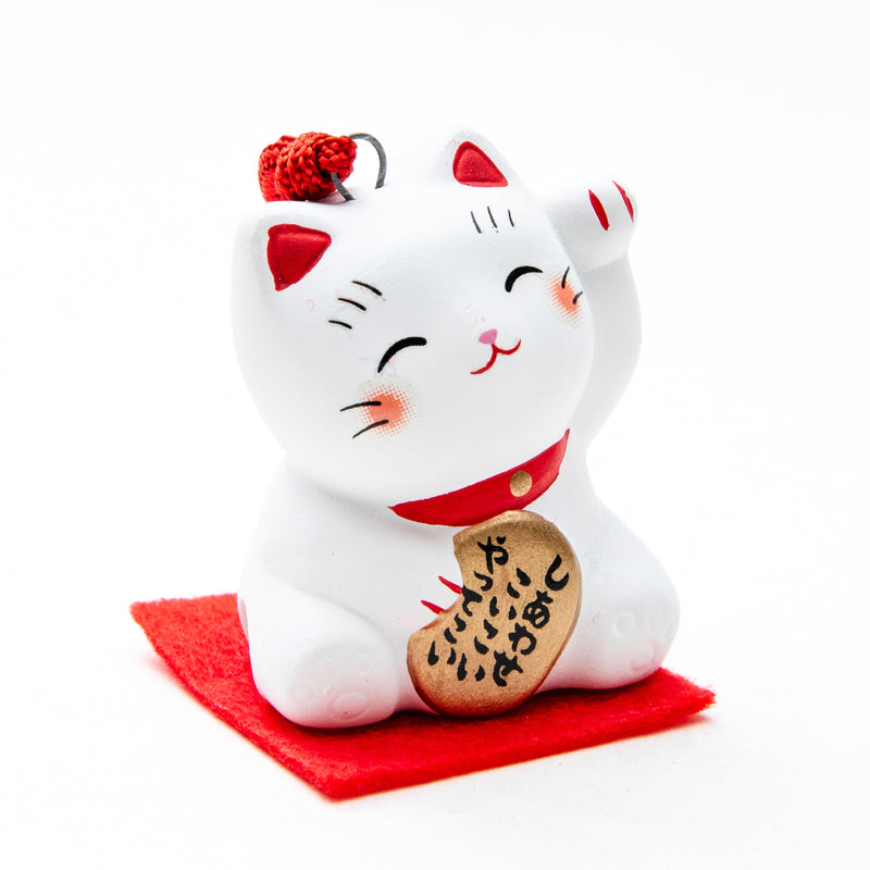 New Year Ornament (Ceramics/Ceramic Bell/With Omikuji Fortune Slip/Left Paw Raised Beckoning Cat/3.5cm/SMCol(s): White)