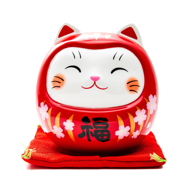 New Year Ornament (Ceramics/With Zabuton Cushion/Cat Daruma/L/14cm/SMCol(s): White,Red)