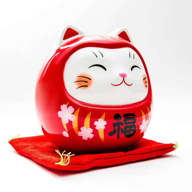 New Year Ornament (Ceramics/With Zabuton Cushion/Cat Daruma/L/14cm/SMCol(s): White,Red)