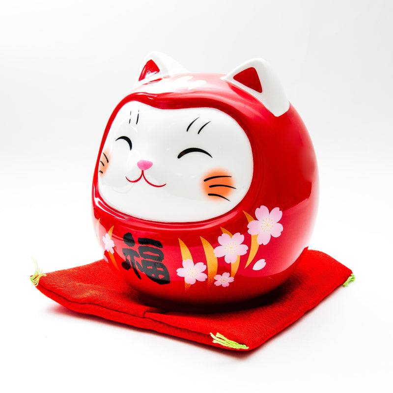 New Year Ornament (Ceramics/With Zabuton Cushion/Cat Daruma/L/14cm/SMCol(s): White,Red)