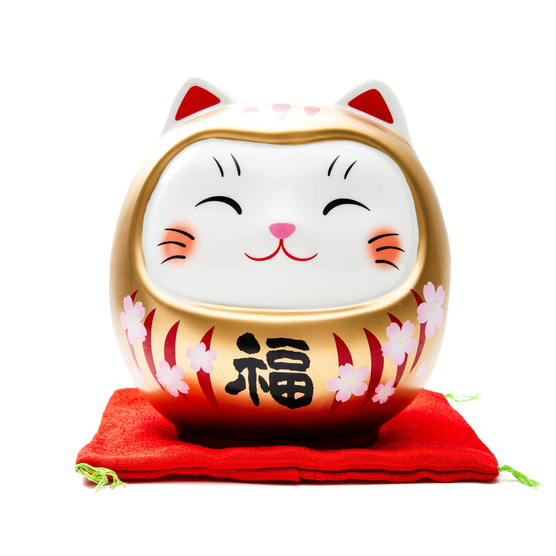 Coin Bank (Ceramics/With Zabuton Cushion/Cat Daruma/L/12.5x13.5x14cm/SMCol(s): White,Red)