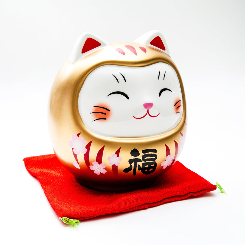 Coin Bank (Ceramics/With Zabuton Cushion/Cat Daruma/L/12.5x13.5x14cm/SMCol(s): White,Red)