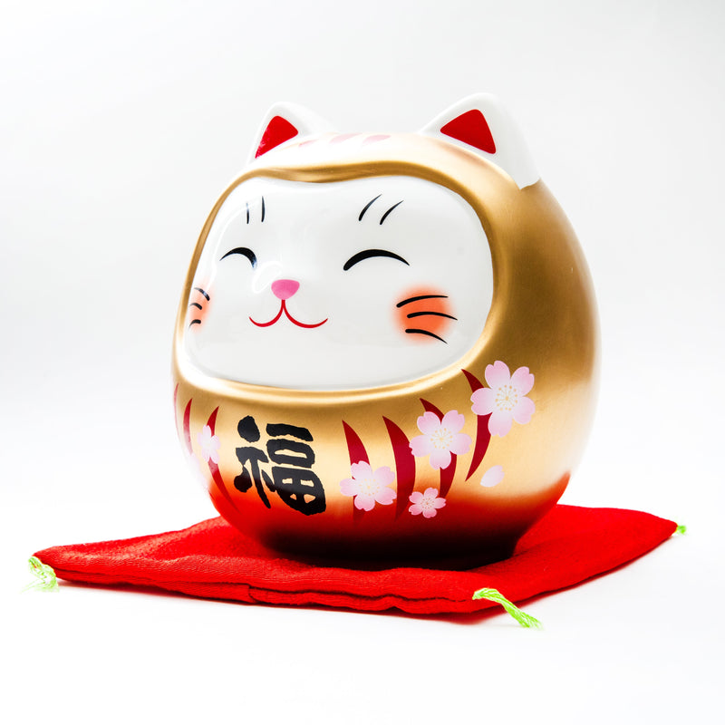 Coin Bank (Ceramics/With Zabuton Cushion/Cat Daruma/L/12.5x13.5x14cm/SMCol(s): White,Red)