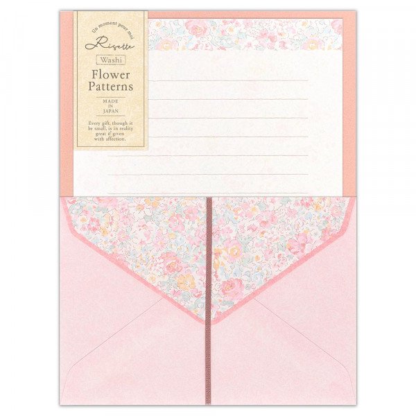 Letter Writing Sets (Washi Paper/15 Lines/Flowers/Rose/Letter Paper: 21.2x14.8cm, Envelope: 11.3x16.2cm/4 Sets/SMCol(s): Pink)