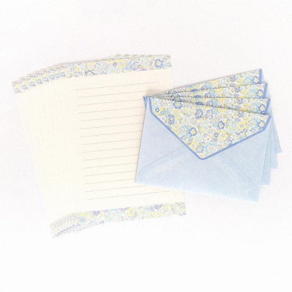 Letter Writing Sets (Washi Paper/15 Lines/Flowers/Elena/Letter Paper: 21.2x14.8cm, Envelope: 11.3x16.2cm/4 Sets/SMCol(s): Blue)