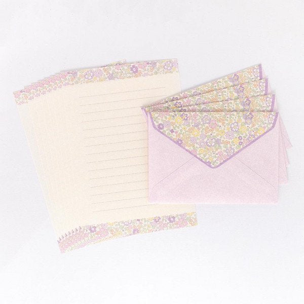 Letter Writing Sets (Washi Paper/15 Lines/Flowers/Alice/Letter Paper: 21.2x14.8cm, Envelope: 11.3x16.2cm/4 Sets/SMCol(s): Purple)