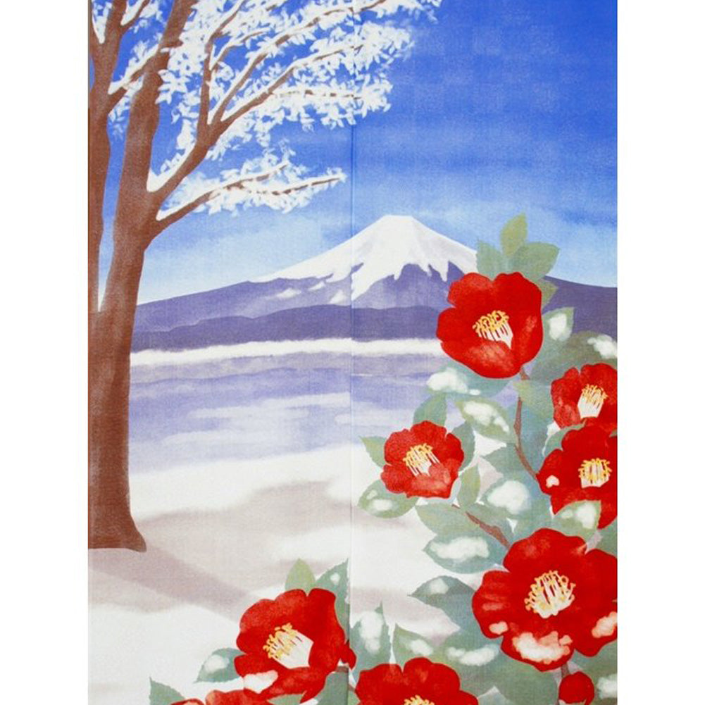 Japanese Style Yamanaka Naoko: Camelia & Mt. Fuji Noren Curtain