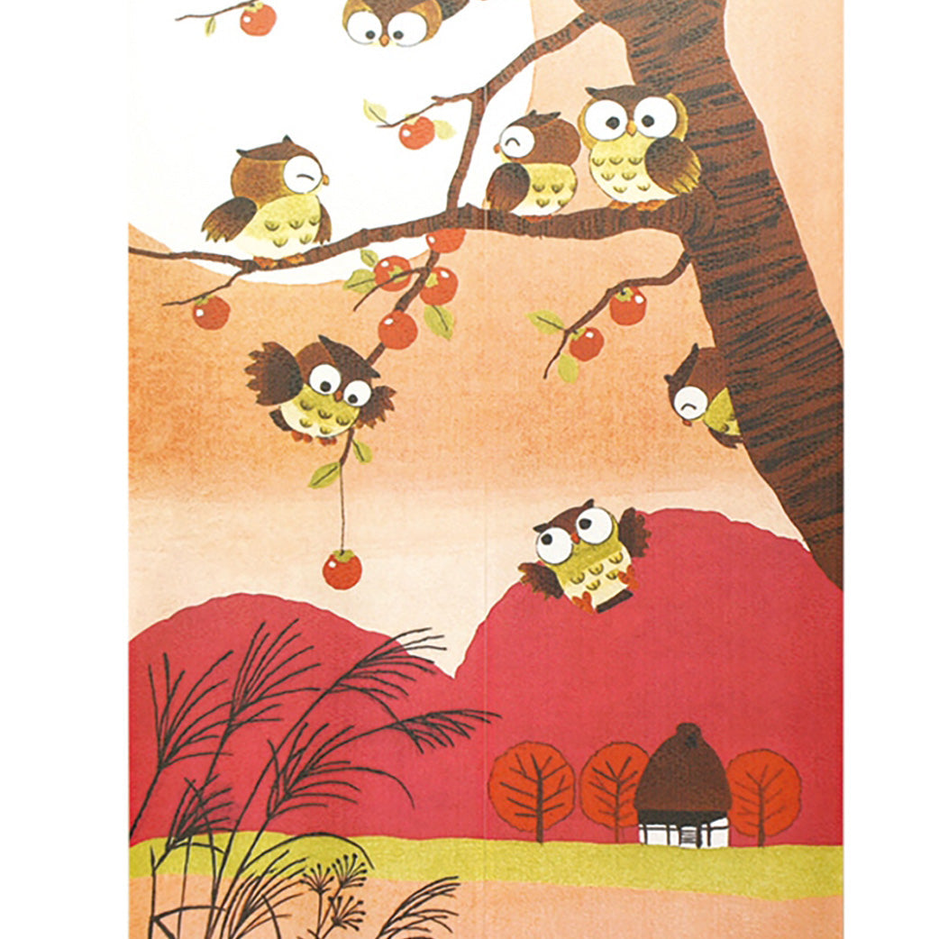 Japanese Style Owls, Autumn Landscape Noren Curtain