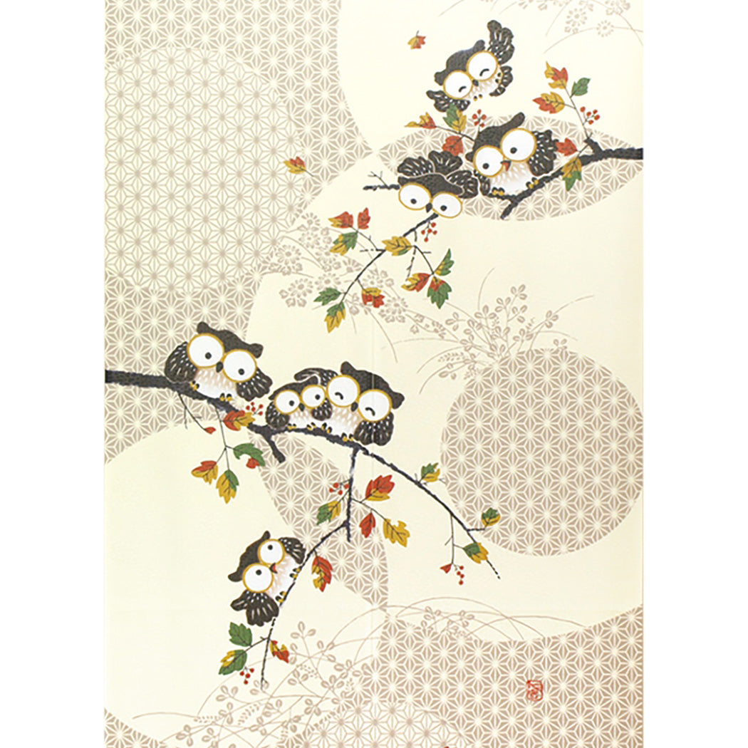 Japanese Style Leaves, Seven Lucky Owls Noren Curtain